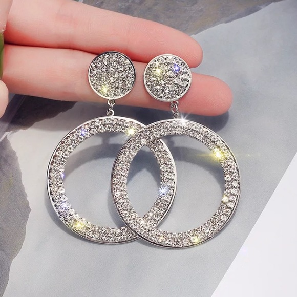 Silver Tone Rhinestone Circle Earrings - Picture 2 of 6
